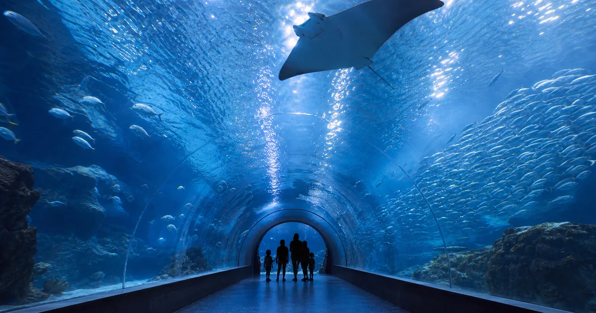 エイが泳ぐあおなみ水族館の海中トンネル