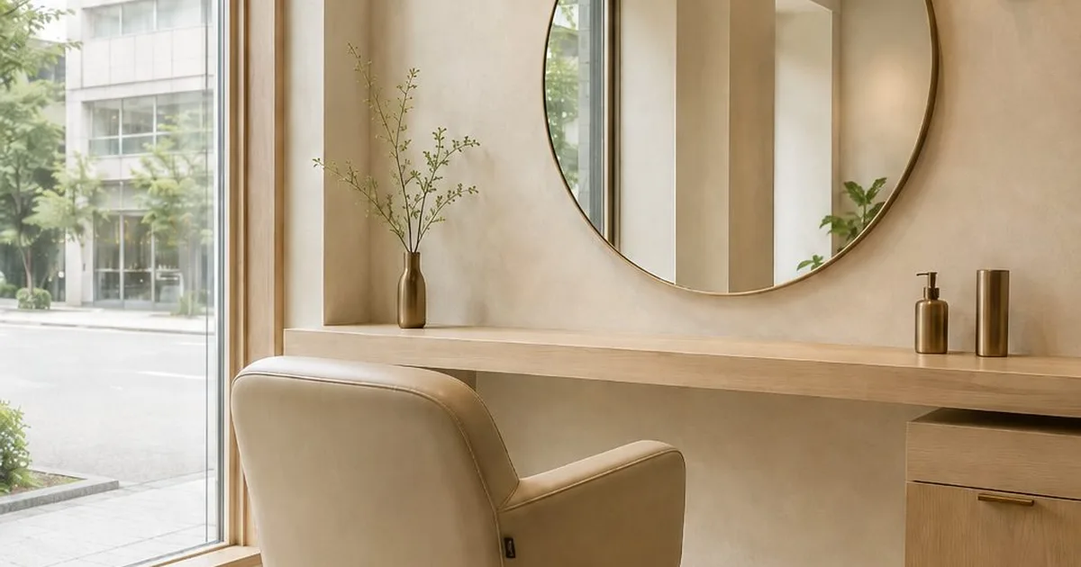 生成りベージュの内装に丸鏡が映えるhair salon Luceの店内