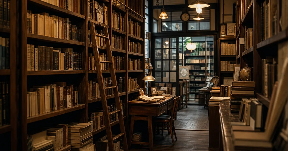 木製書棚が並ぶ古書店 月影書房